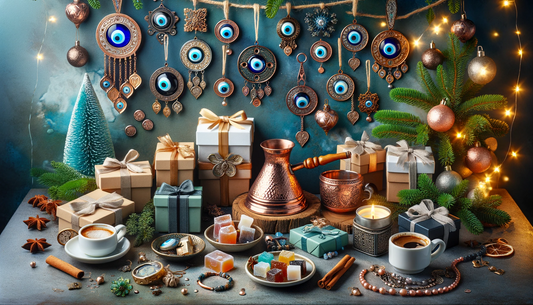 A holiday scene with Turkish cultural elements such as evil eye jewelry, Turkish coffee, a copper cezve, colourful Turkish delight, and evil eye ornaments. Presents wrapped in brown paper and a small blue Christmas tree with lights add a festive touch.