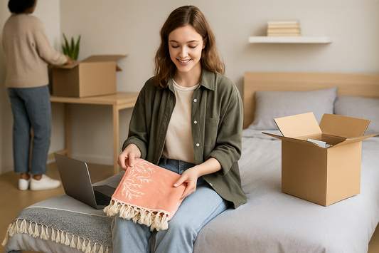 A young woman unpacking in a dorm room, smiling while holding a coral Turkish towel with tassels, next to a box with books inside.