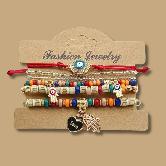 Red EVIL EYE Bracelets Set with love heart, hamsa and evil eye charms, layered bracelets