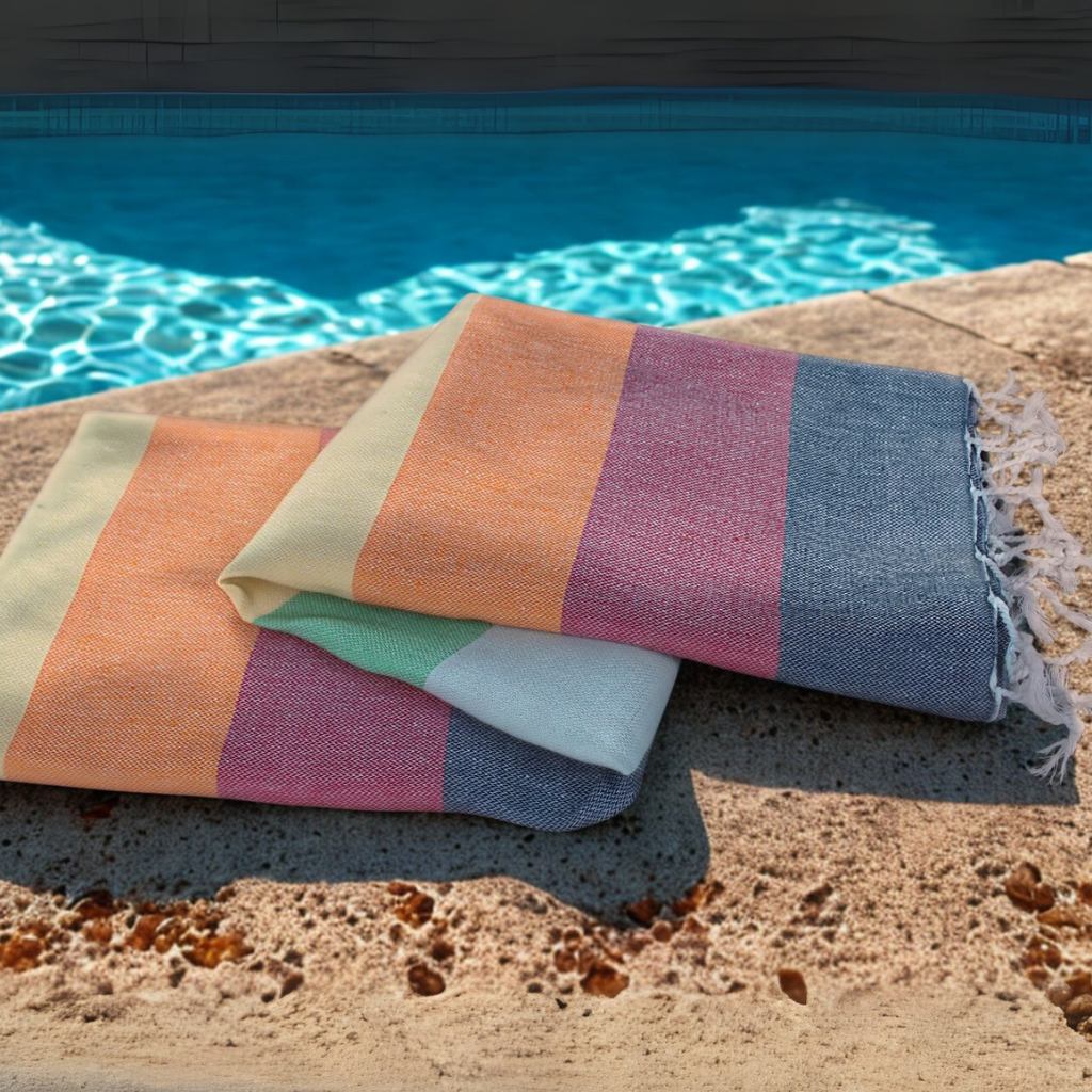 RAINBOW Turkish Towel with colourful stripes folded poolside on stone deck