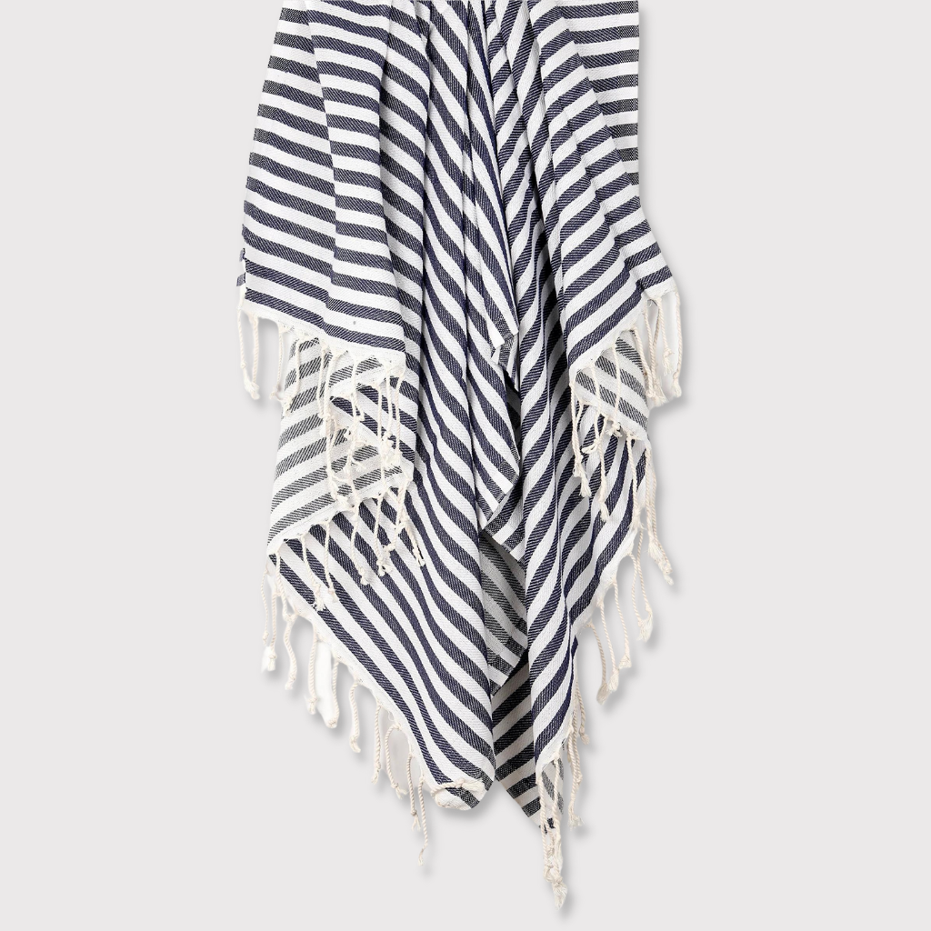 Black and white striped MEDITERRANEAN Turkish Towel hanging