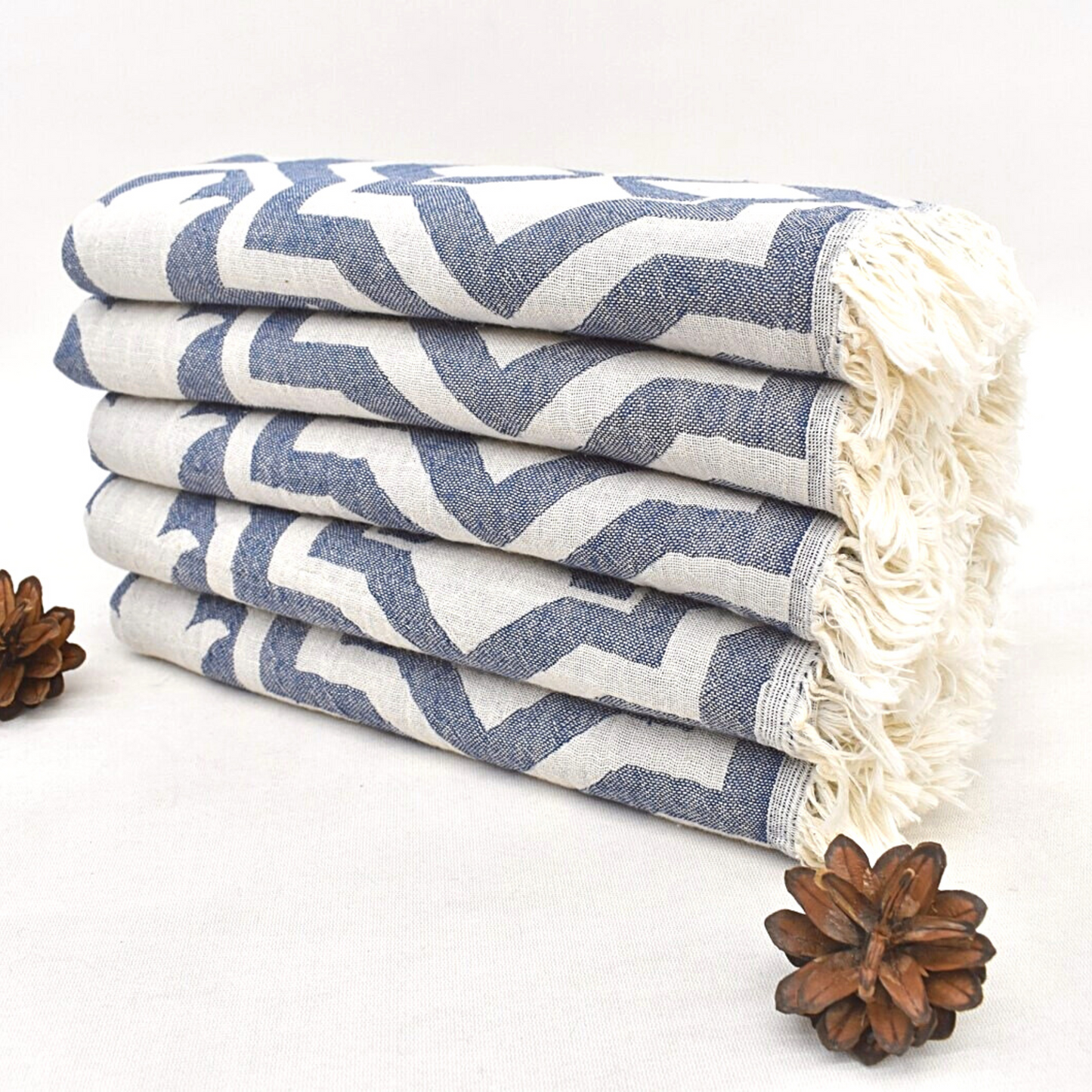 Stacked TULIP Turkish Kitchen Towels in denim blue