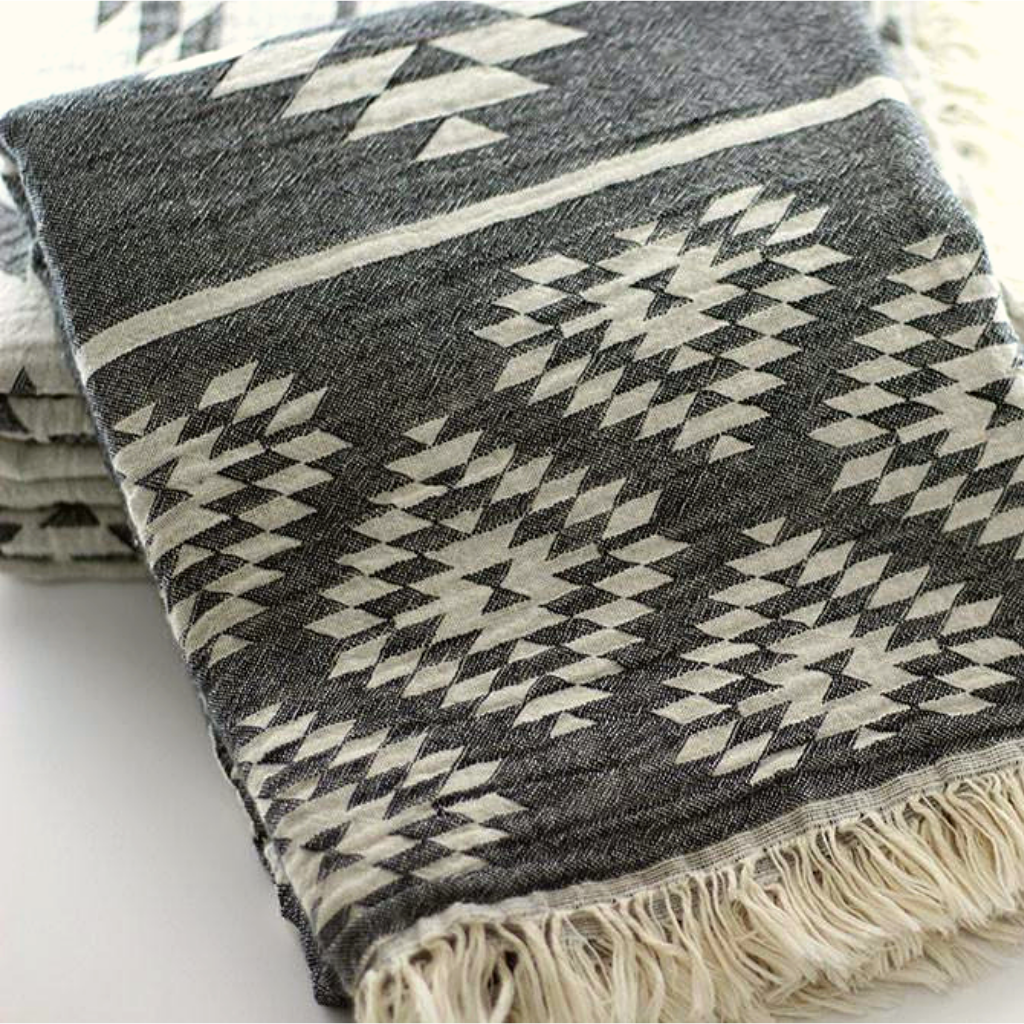 Reversible black Turkish bath towel with kilim design