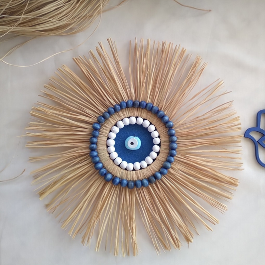 Round NAZAR Raffia Wall Decor with blue Turkish evil eye beads
