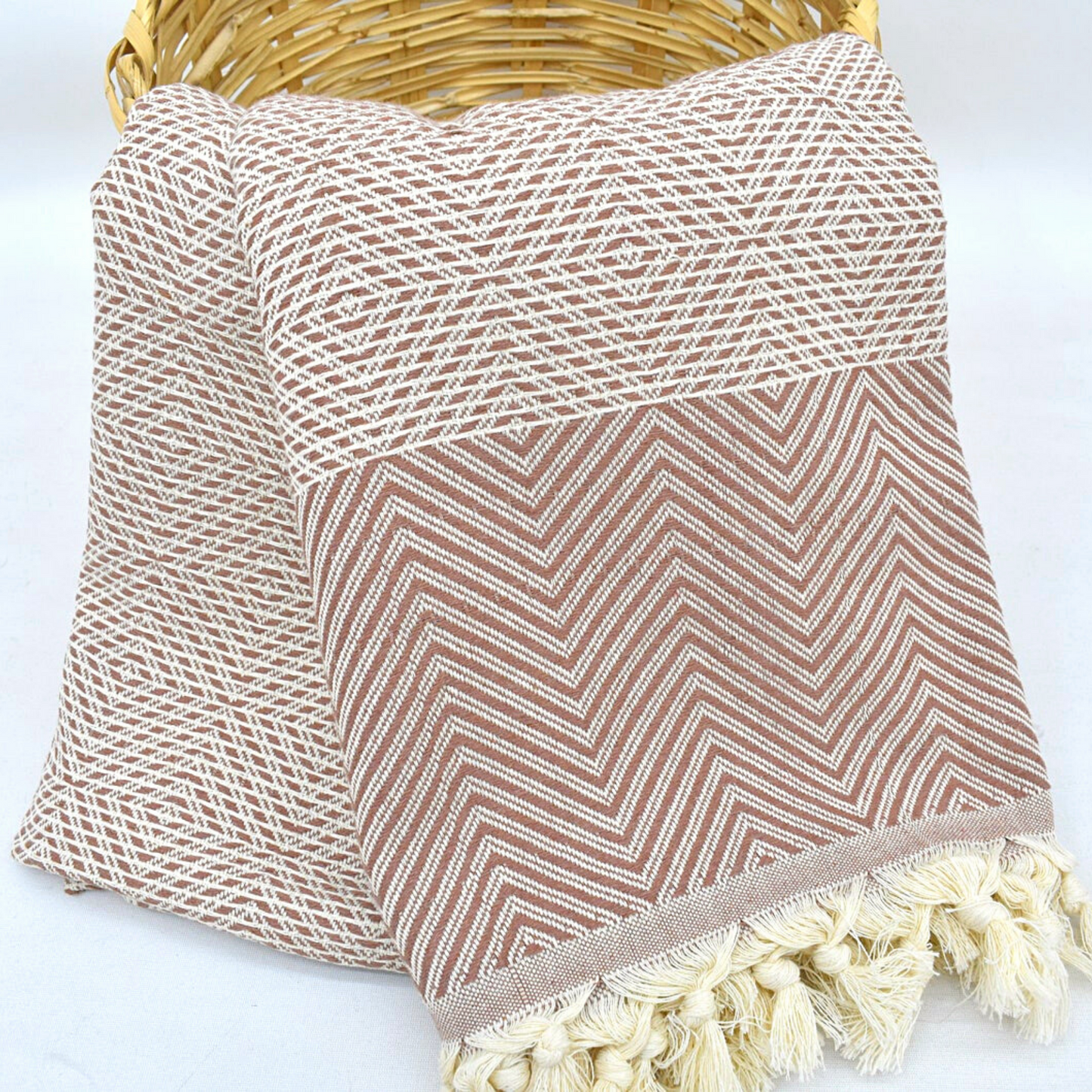 CINNAMON brown SULTAN Turkish Blanket in a basket
