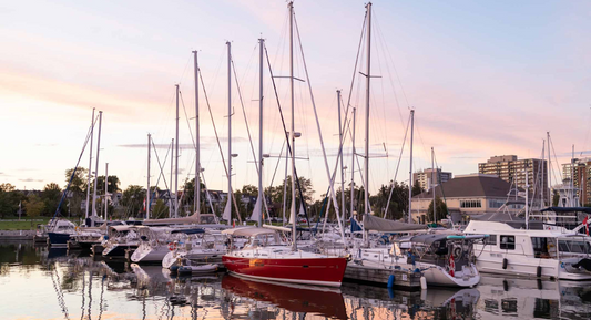 Oakville harbour at sunset with sailboats docked and the town's skyline in the background.