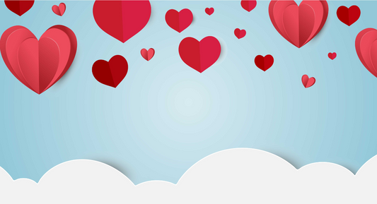 Valentine's Day image with red hearts and white clouds on blue background