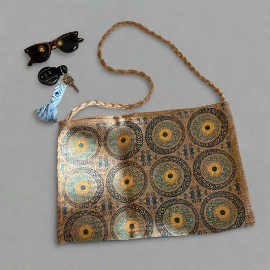 Turkish evil eye patterned jute tote bag with long strap next to sunglasses and keys on a light background