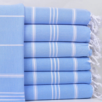 Set of light blue STRIPY Turkish Kitchen Towels with white stripes and tassels on a white background