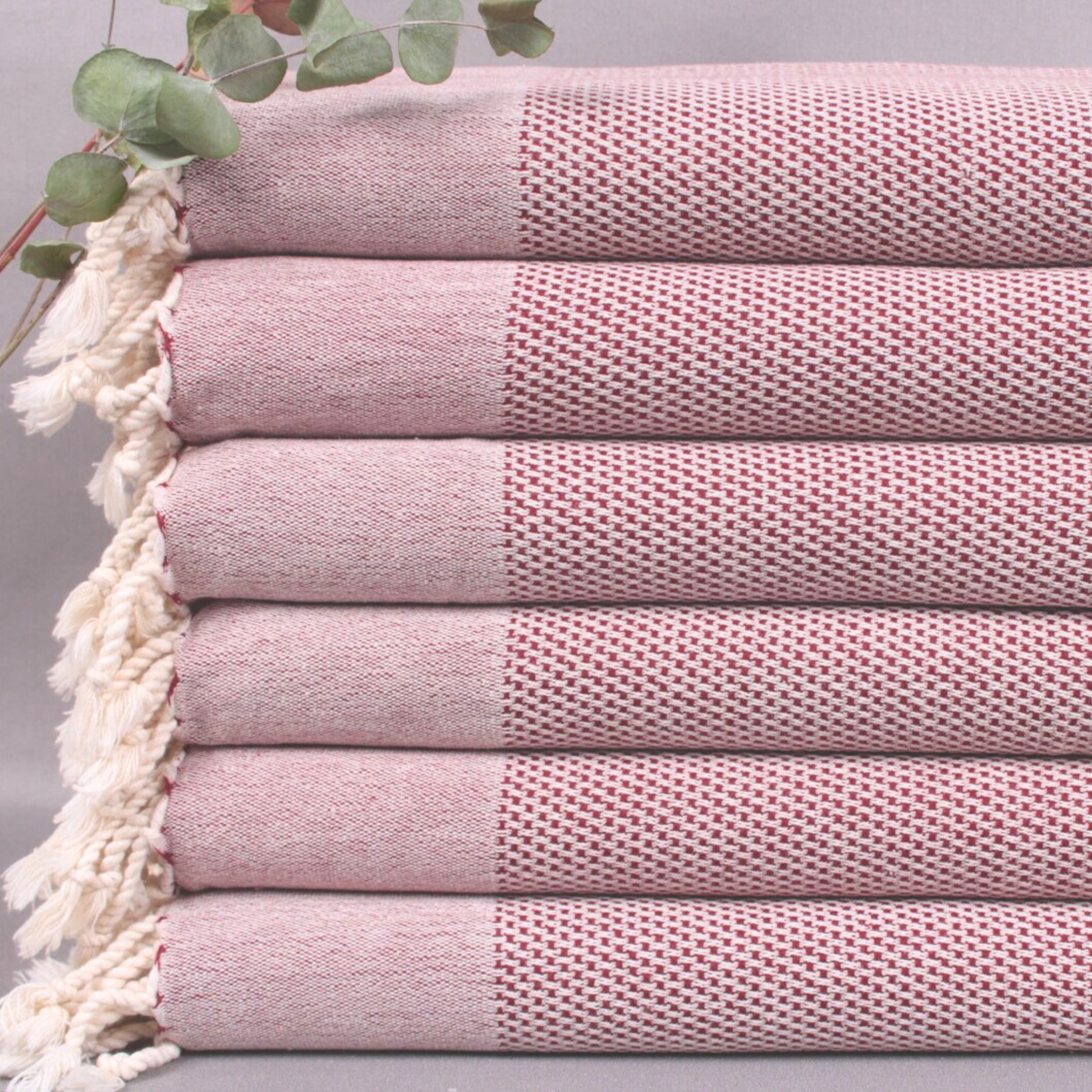 Burgundy DENIZLI Double-Sided Turkish Hand Towels folded and stacked 