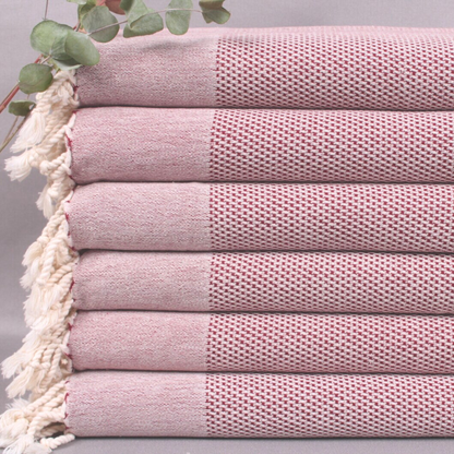 Burgundy DENIZLI Double-Sided Turkish Hand Towels folded and stacked 