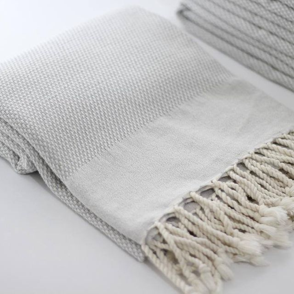DENIZLI Turkish Bath Towel in light grey with natural colour tassels