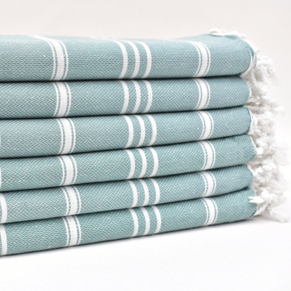 Folded STRIPY Turkish Kitchen Towels in soft sage green