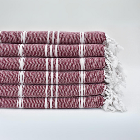 Burgundy Turkish kitchen towels with white stripes and fringe detail, ideal for kitchen, bathroom, guest room.