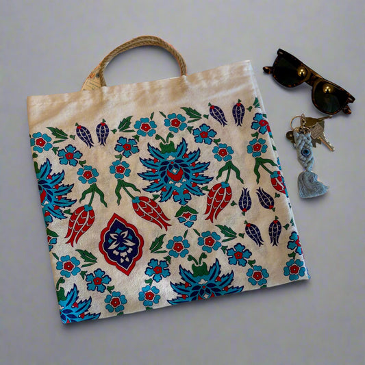 Handmade cotton tote bag with Ottoman Iznik tulip pattern and jute handle