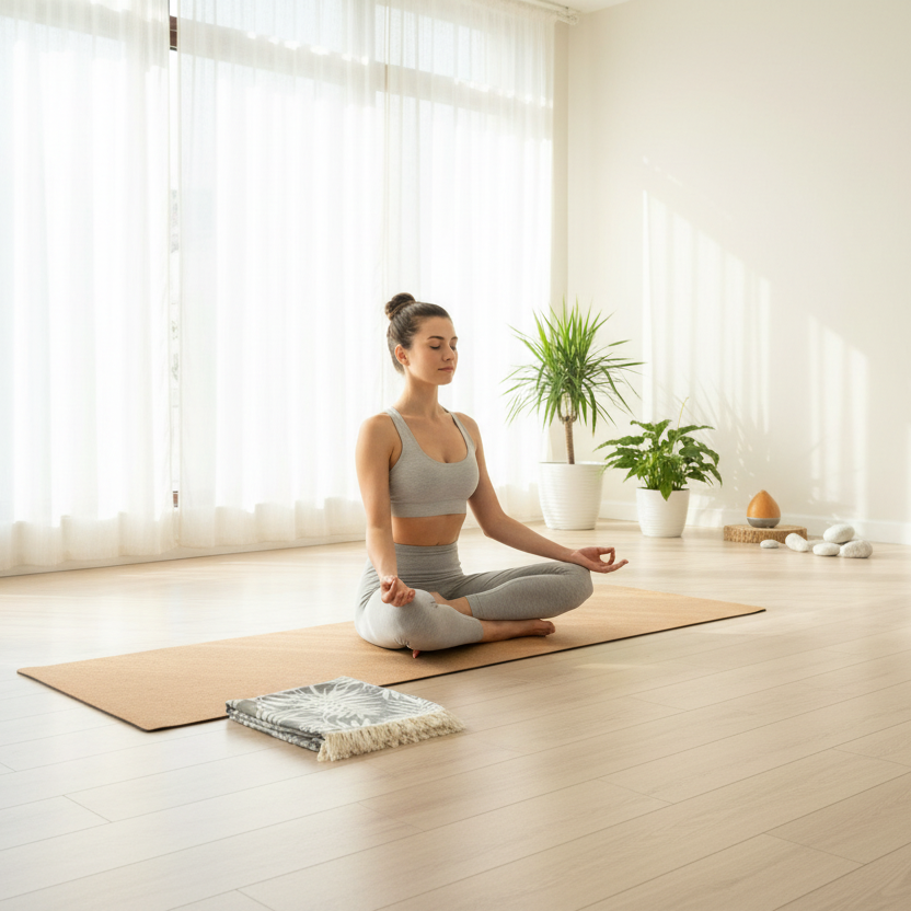 Person in yoga pose on mat with folded grey LEAVES Peshtemal Throw Blanket beside them