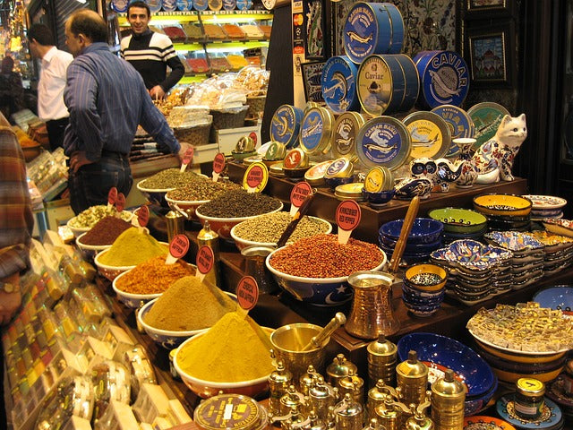 Rich spices, Turkish coffee & Turkish decor item at historical Spice Bazaar in Istanbul, Turkey