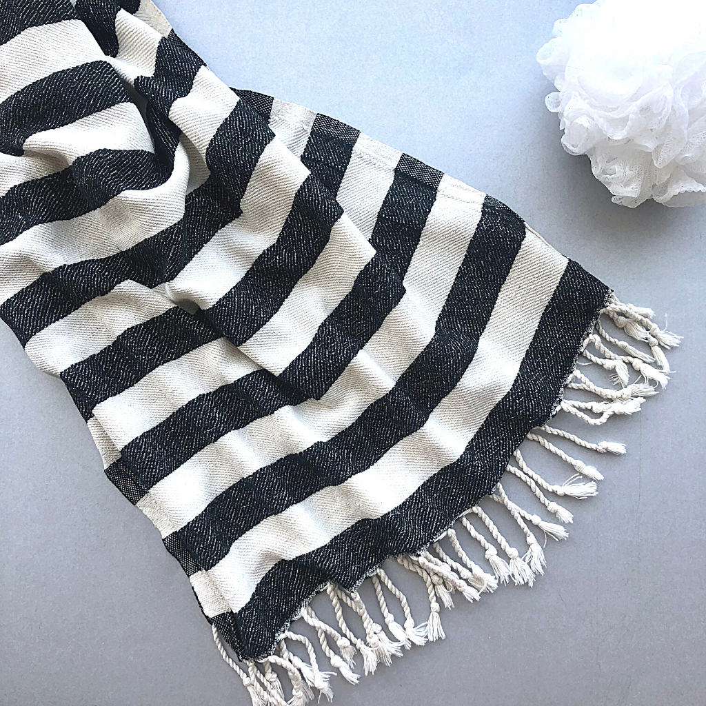 BOLD MEDITERRANEAN Turkish Hand Towel in black and white stripes