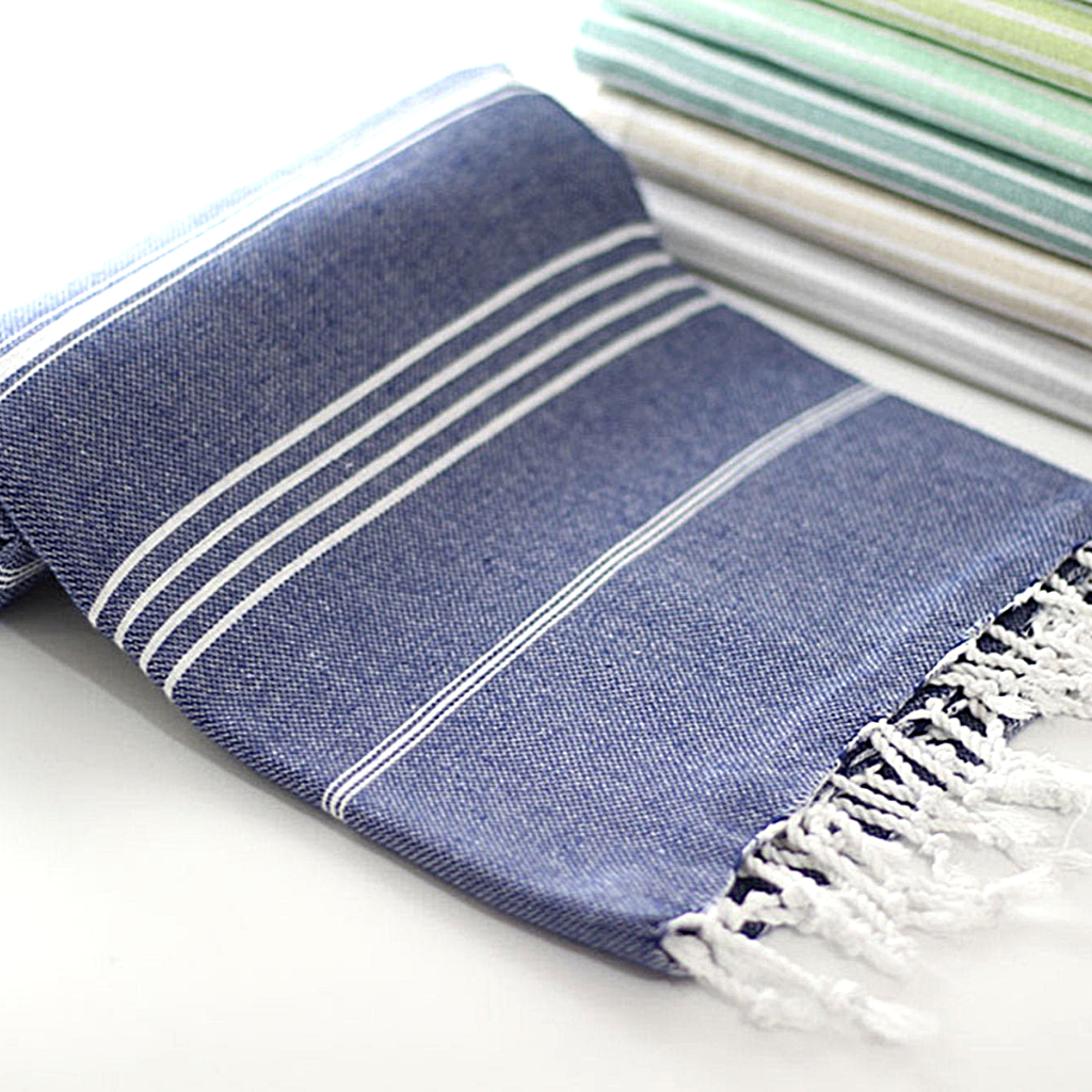 CLASSIC Turkish Towel in denim blue with white stripes