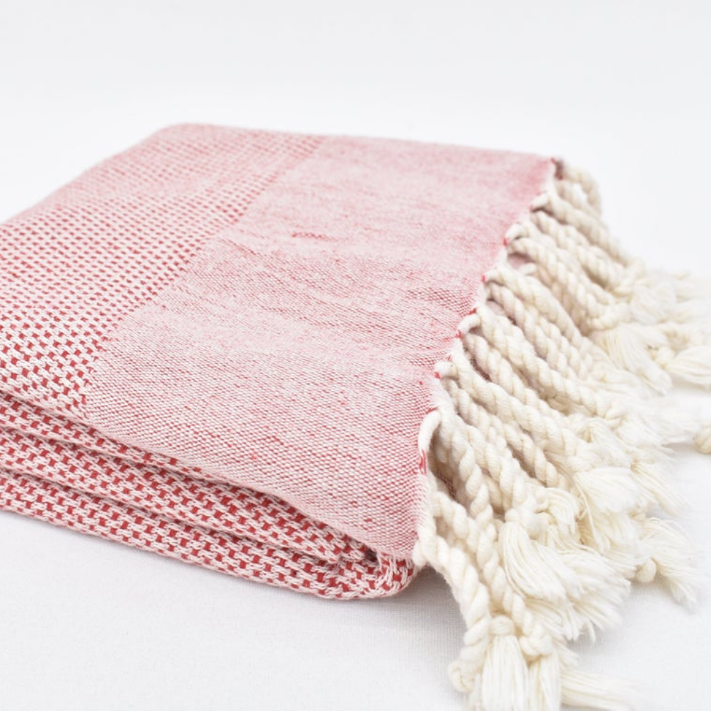 DENIZLI Double-Sided Turkish Bath Towel in red with natural colour fringes