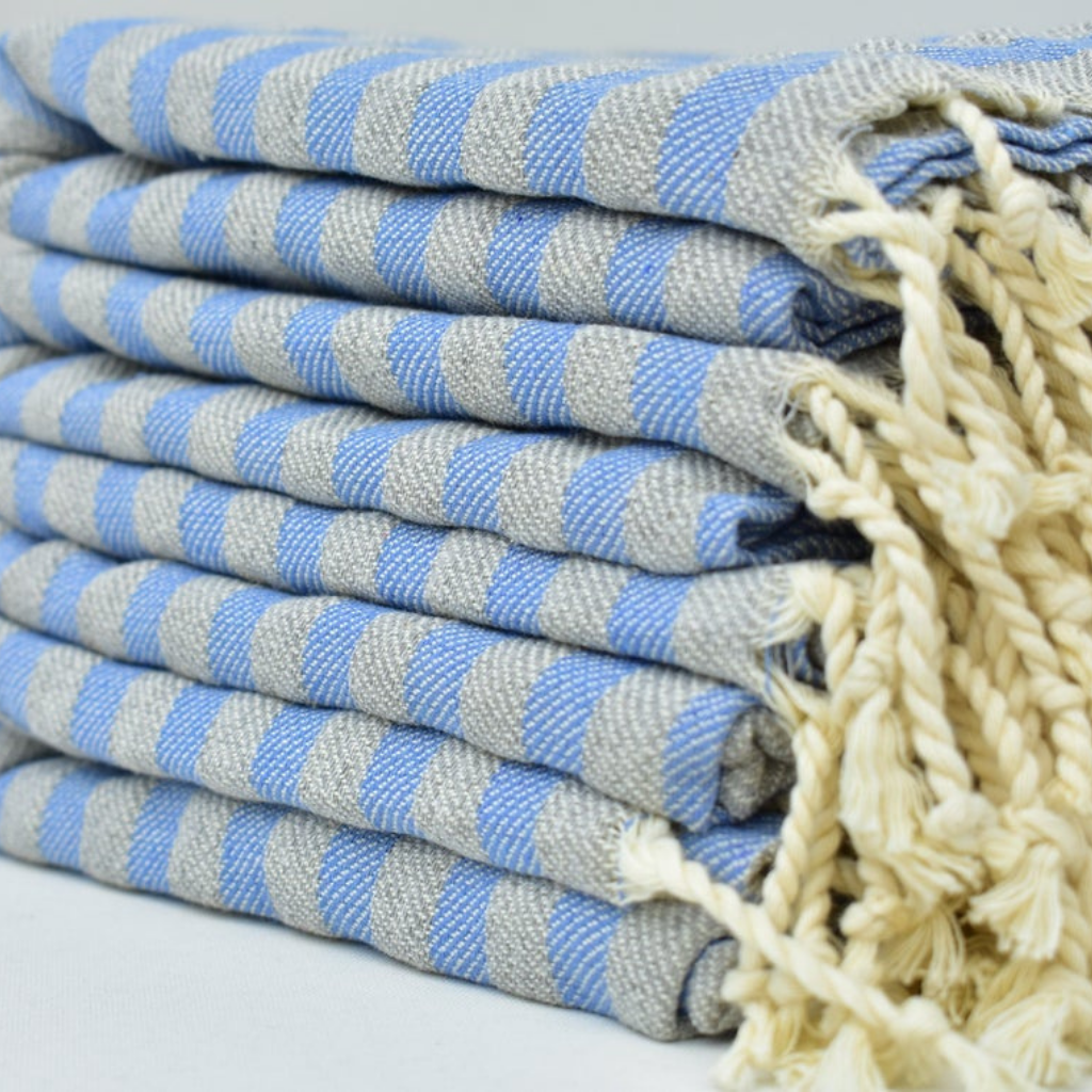 Blue and grey striped DUSK Turkish Towels
