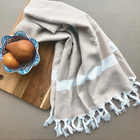 LATTE Turkish Kitchen Towel next to Turkish hand-made fruit bowl