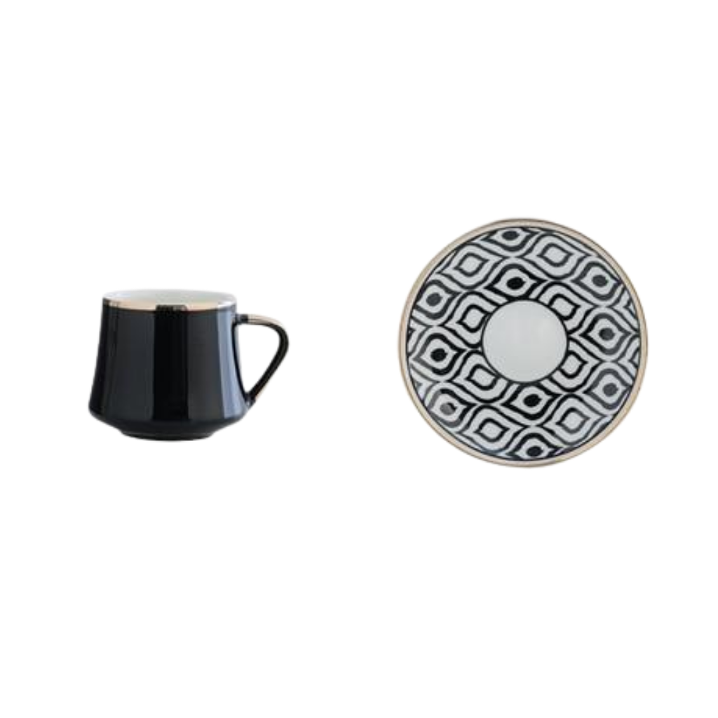 Black & White Turkish Coffee Cups W/Water Glass Set