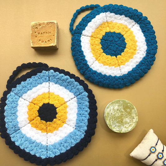 Blue evil eye pattern large bath mitts, handmade bar soaps, evil eye cord bracelets with miyuku beads