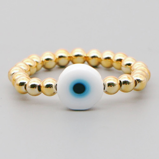 Elastic NAZAR BEADS Evil Eye Ring with gold colour beads and white evil eye
