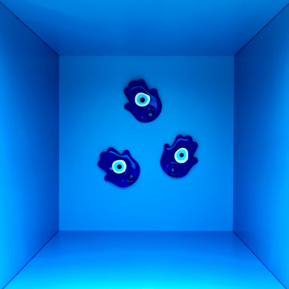 Glass NAZAR Evil Eye Hamsa wall hangings in a blue box
