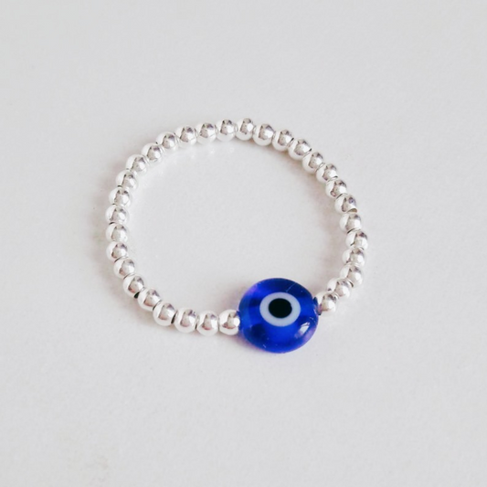 Elastic NAZAR BEADS Evil Eye Ring with silver-colour beads and dark blue evil eye