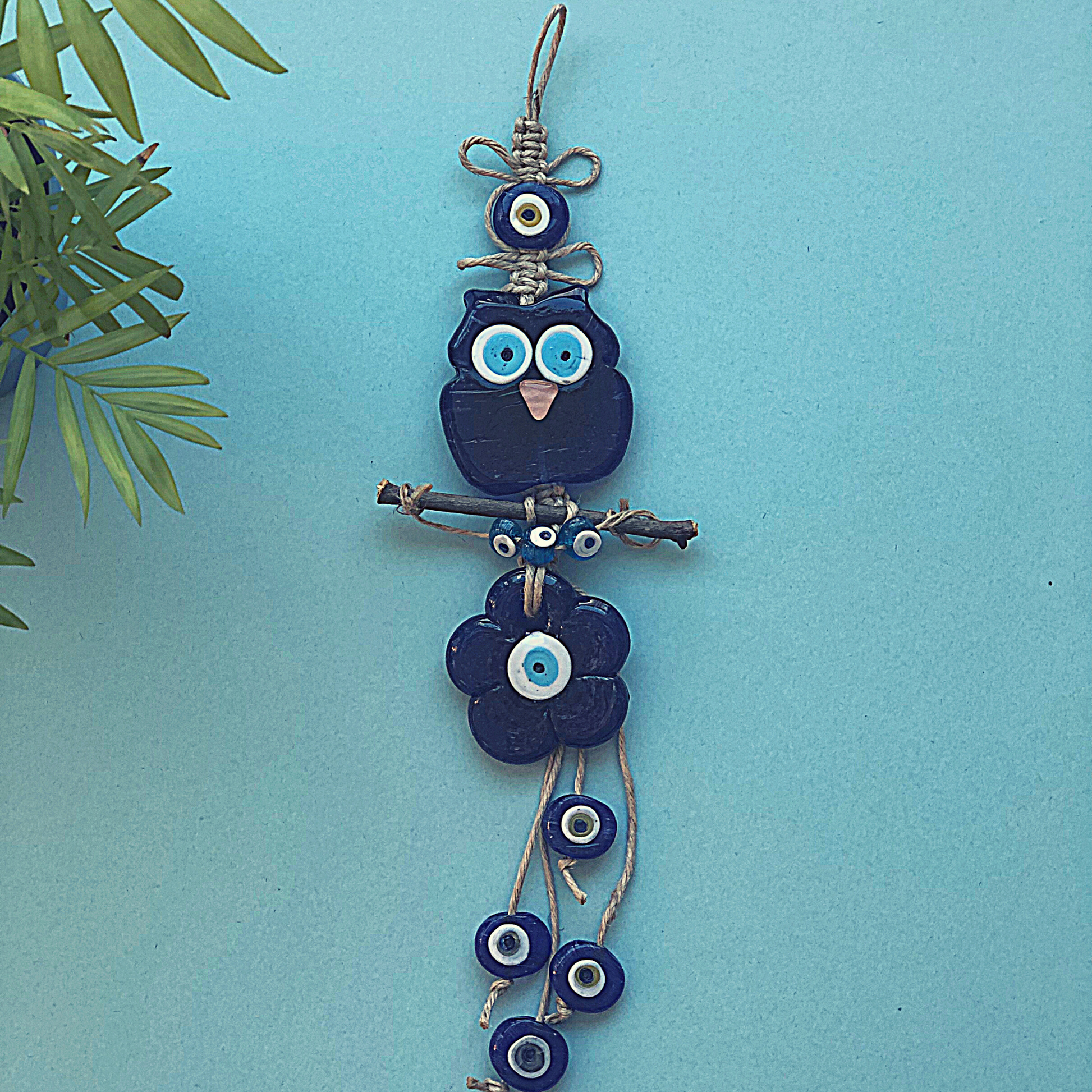 Owl and daisy shaped glass evil eye beads macrame hanging