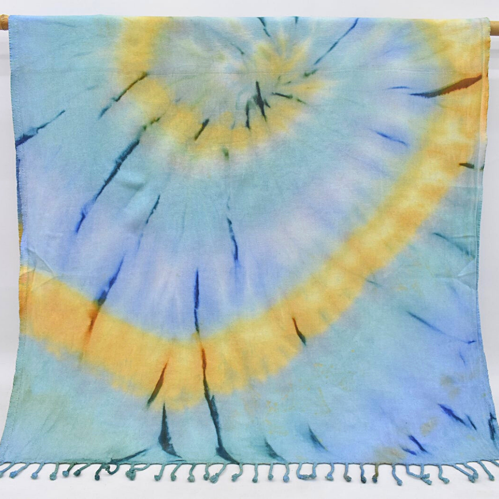 Blue, yellow, purple TIE DYE Turkish Towel hanging