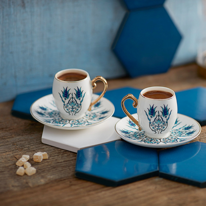 IZNIK Turkish Coffee Cups with Turkish delights on wooden and blue background